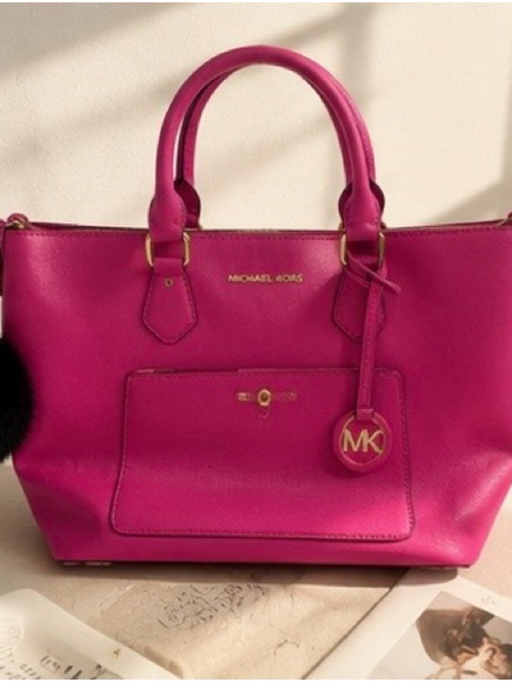 Michael Kors Hot Pink Leather Tote with MK Charm